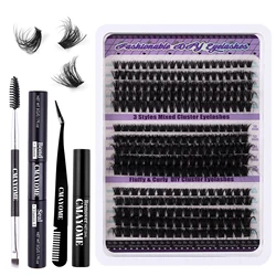 DIY Lashes Extension Kit, Fluffy Lash Clusters, cílios individuais com vínculo e selo, removedor de cola, pinças, kit completo, 270pcs