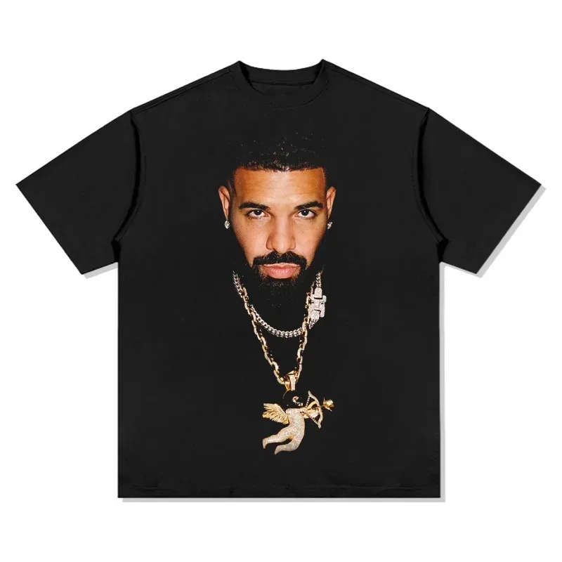 Cotton Top Men's Retro Rapper Drake Printed Versatile Clothing Hip Hop T-Shirt Casual Personality Graphic T-Shirt Short Sleeve