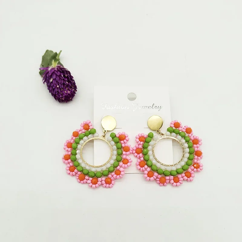 Beaded earrings Circle Flowers Colour Originality Graph Hand knitting Bohemia Alloy Tide Simple Rice bead earrings