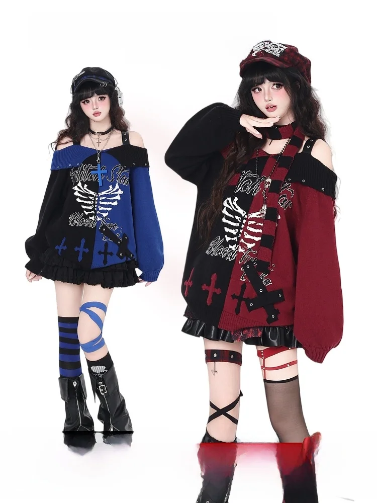 

Свитер Crazygirl Original Y2K в готическом стиле с открытыми плечами для девочек, свободный крой, длинный рукав, зимняя мода