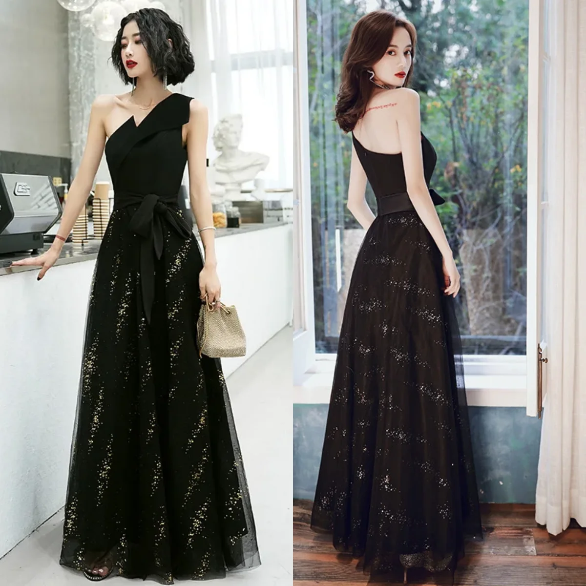 

Evening Dresses Black One Shoulder Sleeveless Zipper Back A-line Floor Length Plus size Women Party Formal Gowns Robe De Soiree