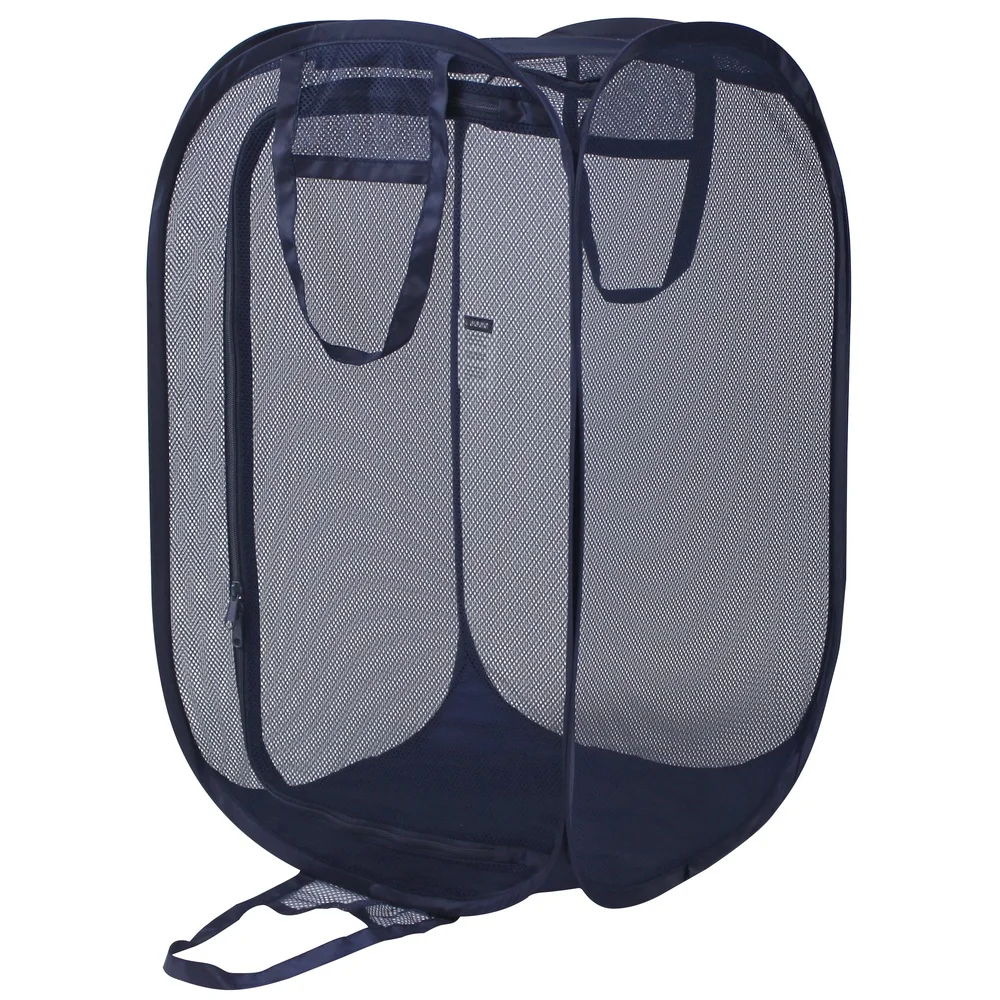 Durable Blue Pop-up Mesh Laundry Hamper with Strong Carry Handles Collapsible Design Easy Storage Holds 2 Loads of Clothes