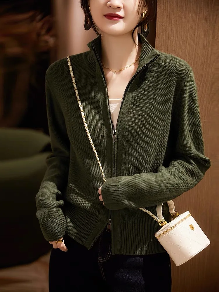 2024 New Autumn And Winter Wool Cardigan Ladies Stand Collar Knitted Loose Sweater Coat Zipper Top