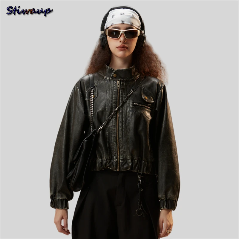 

Women's Vintage Bomber Chic Cropped Soft PU Faux Leather Gothic Racing Jackets Female Biker Motorcycle Baseball Coats Streetwear