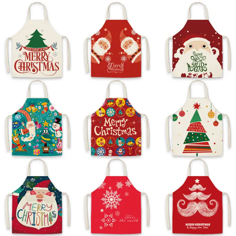 Christmas Linen Print Cleaning Apron Tree New Year Holiday Ladies Kitchen