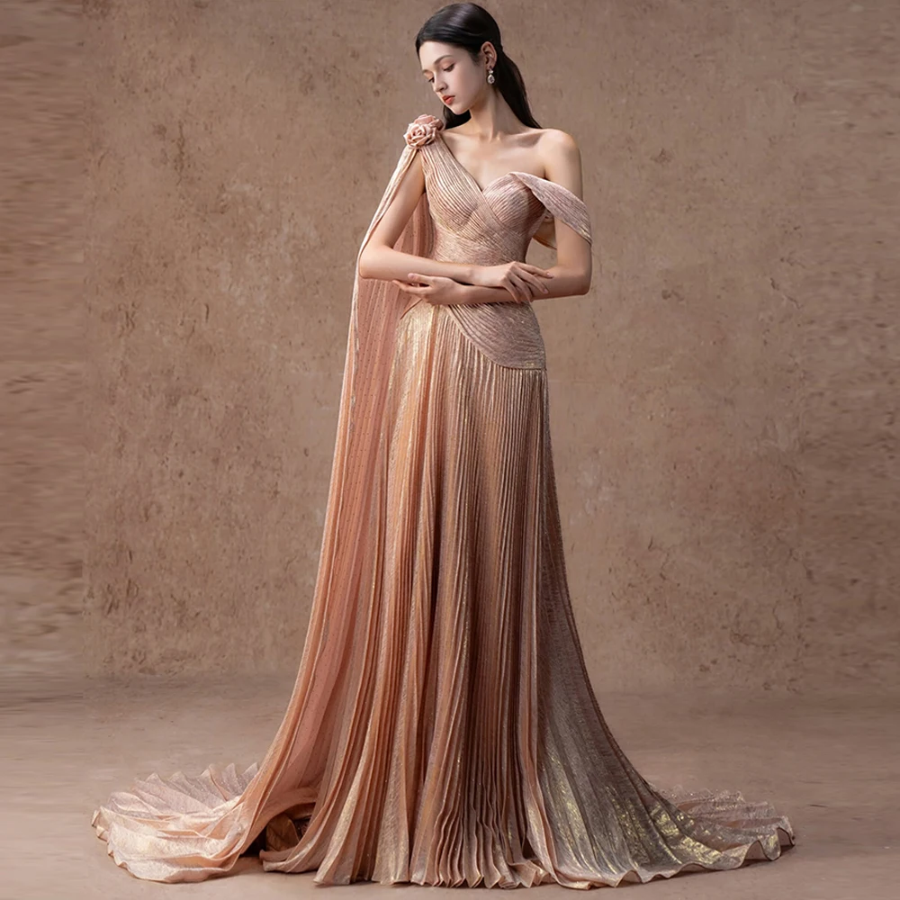 

Fashion A-Line Customized Evening Dress One Shoulder Flowers Sleeveless Homecoming Dresses Watteau Train Bespoke Occasion Gowns