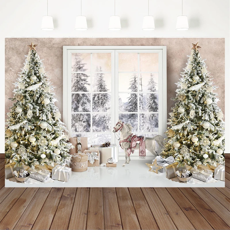 Christmas Winter Photography Backdrop Princess Kids Photocall Window Toy Horse Snowy Scene Girl Background Portrait Photo Studio