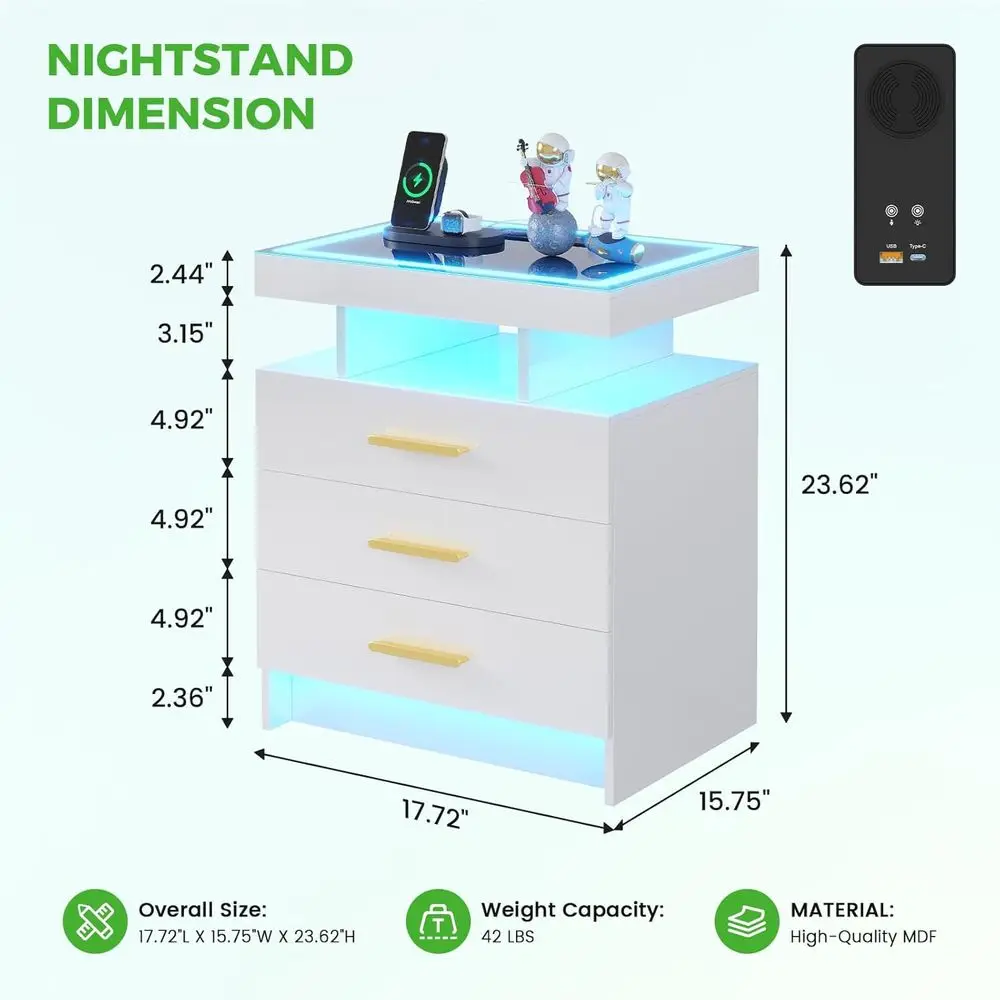 Night Stand Set 2 with LED Lights, High Gloss Nightstand with 3 Ders,Wirel&USB&Type-C Charging Station,Smart Side Tables with Te