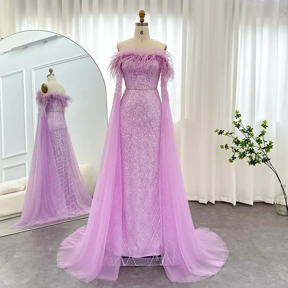 Chic Feather Sequined Evening Dresses with Cape Sleeves Fashion Strapless Tassel Mermaid Gowns Sweep Train Prom Party Dresses