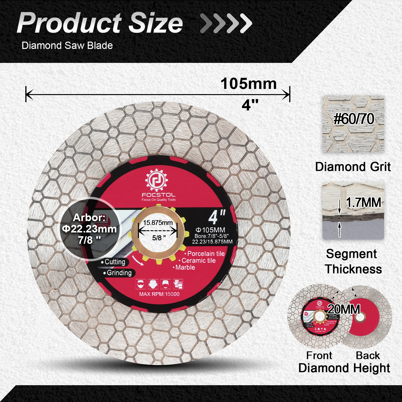 FOCSTOL Diamond Cutting Disc 105-125mm Tile Cutting Grinding for Porcelain Ceramic Tiles Marble Granite Artificial Stone Quartz