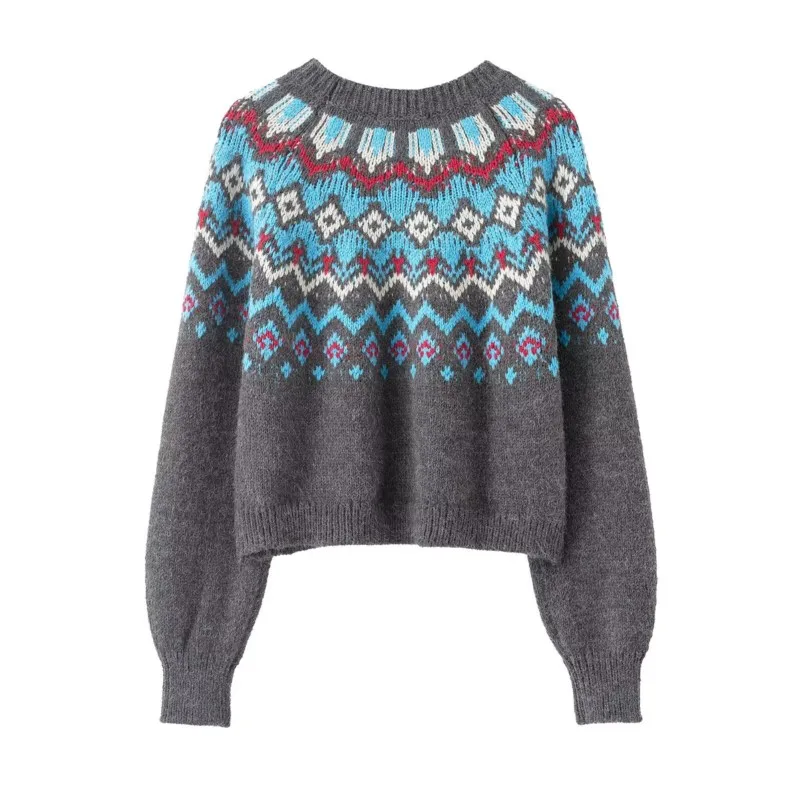 Women Jacquard Knitted Sweater Autumn Winter Round-neck Long Sleeve Sweater Casual Fashion Female Knitwear Pullovers