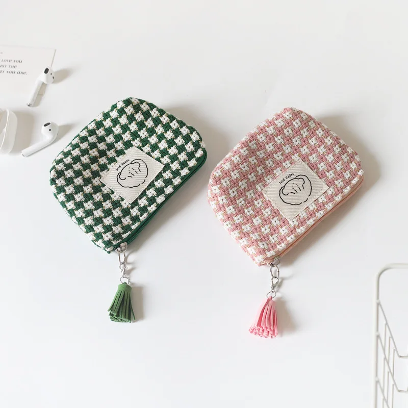 Ladies' Coin Purses Japanese Key Storage Bags For Girl Compact Portable Lipstick Kawaii Cute Plaid Simple Coin Purse Headphone
