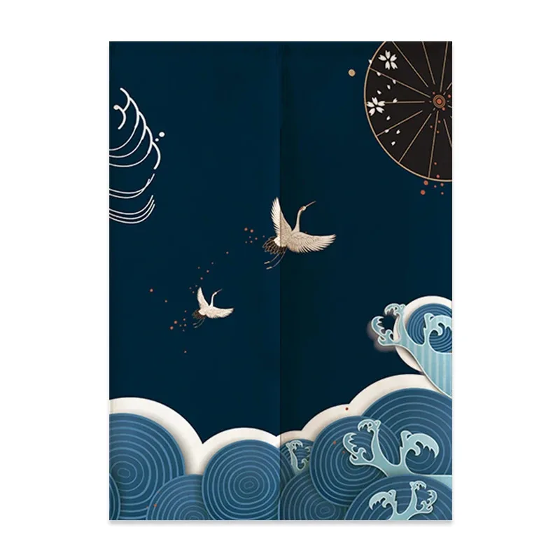 VIKAMA Privacy Screen Curtain Japanese-Style Warm Curtain Traditional Mount Fuji Wave Pattern Ideal for Bedroom Home Decor