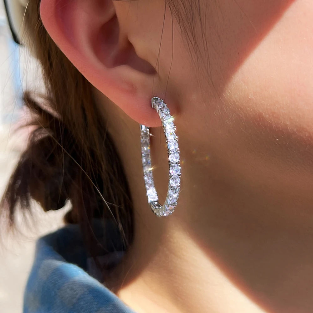 BeaQueen Luxury Shiny Cubic Zircon High Quality Big Round Hoop Earrings for Women Dancing Party Dress Jewelry Accessories E1149