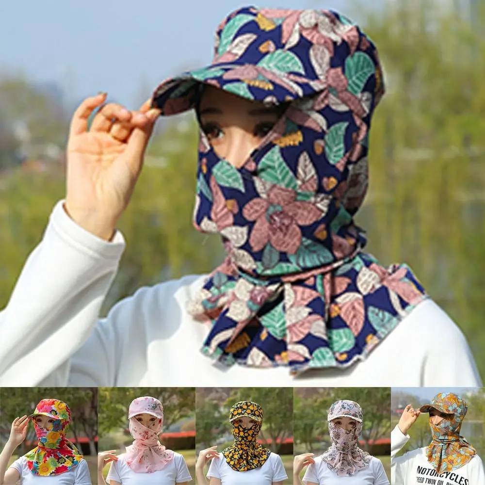 Outdoor Wide Brim Sun Hat Breathable Anti-UV Tea Picking Cap Flower Pattern Neck Protection Sun Visor Cap Summer