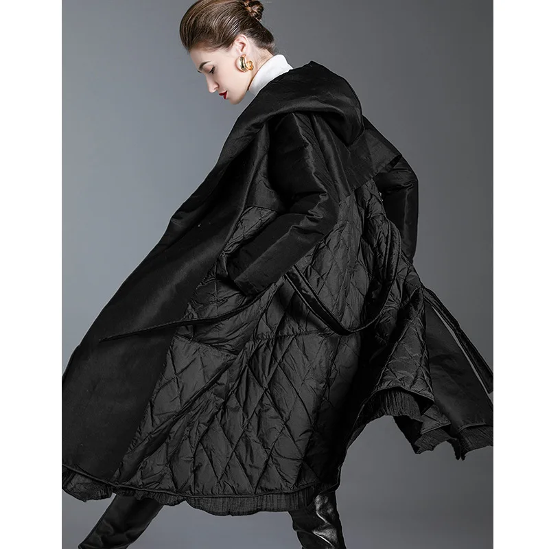 Luxury High Quality Down Long Trench Coat Patchwork Hooded White Duck Down Coat Women's Winter Warm Lightweight Slim Outerwear