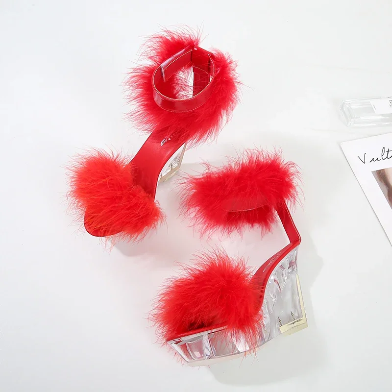 

LLXF Вечерние туфли для ночного клуба, босоножки на высоком каблуке 10 см на танкетке с кристаллами для женщин, Sandalia Feminina, прозрачные туфли-лодочки из искусственного меха