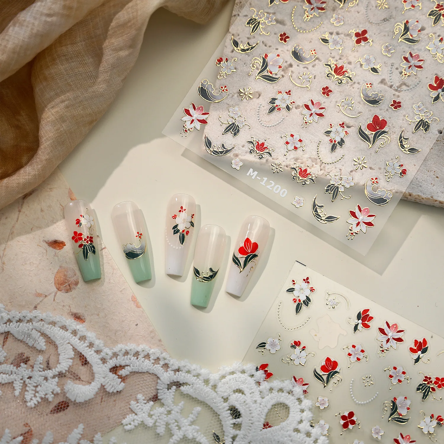 Autocollants Vintage en relief 5D, fleurs blanches et rouges, bord doré, lune, perle, Nectlace, Nail Art, décalcomanies de manucure, breloques chinois élégantes