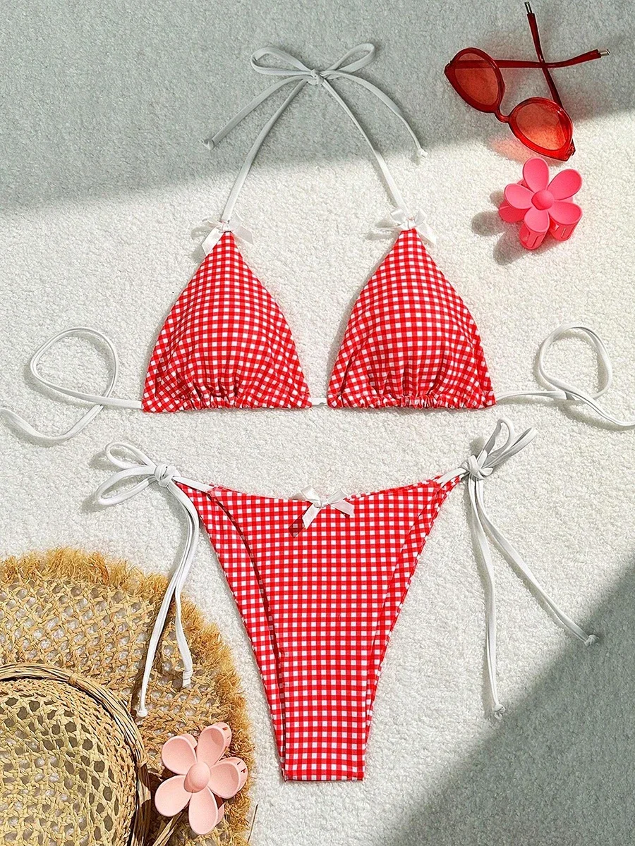 Sexy Bikini 2025 Swimwear Women's Swimsuit Butterfly Decor Checked Halter Neck Thong Bikinis Sets Summer Beachwear Bathing Suits