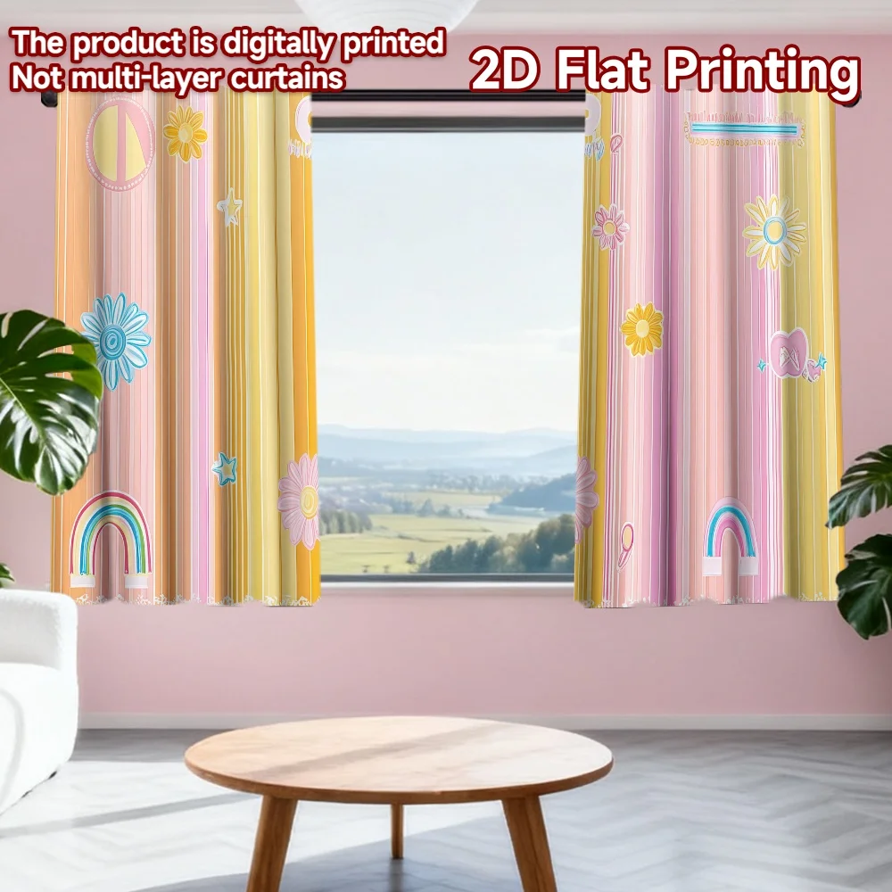 

2D flat printing 2pcs Curtain Spring Flowers and Rainbow Digital Printed Polyester Drapes Seasonal Party & Holiday Decor Perfect