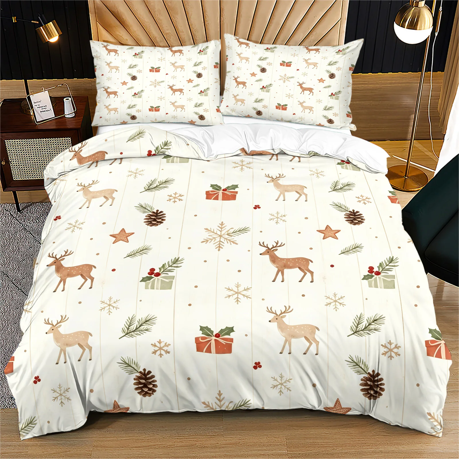 Christmas Deer Duvet Cover Set Xmas Snowflake Pine Cone Gift Print Bedding Set Festive Soft Holiday Quilt Cover with Pillowcases