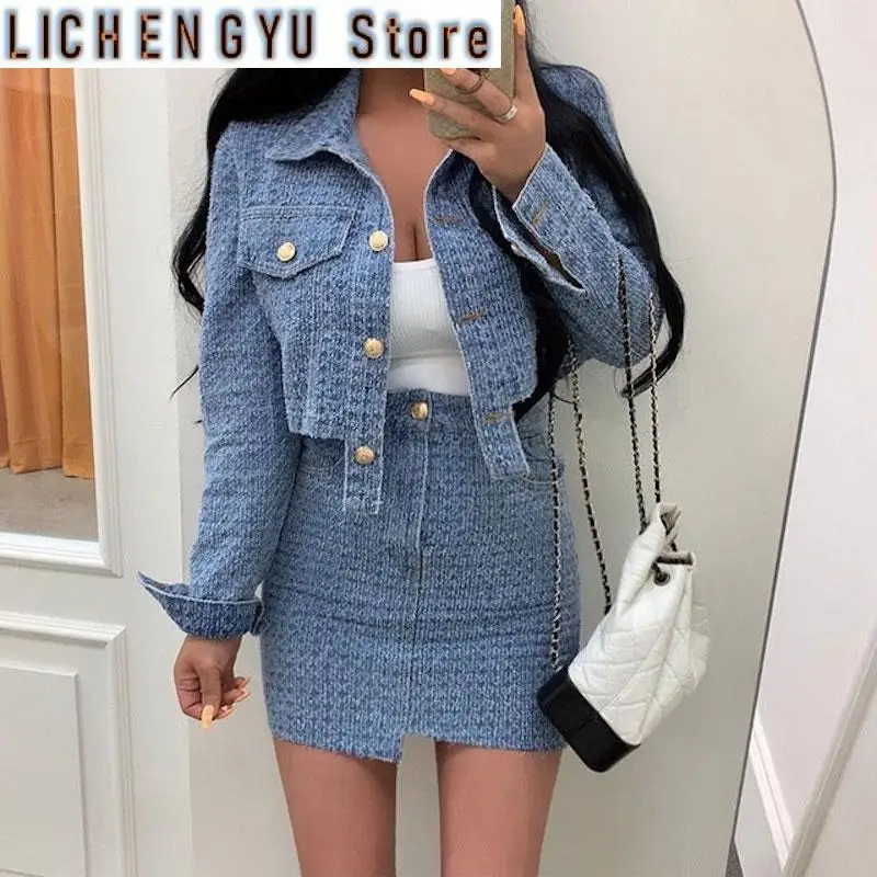 New Cowboy Set Two-piece Suit Autumn Fashion Turndown Collar Blue Single-breasted Short Denim Shirt Top   Solid Color Hip Skirt