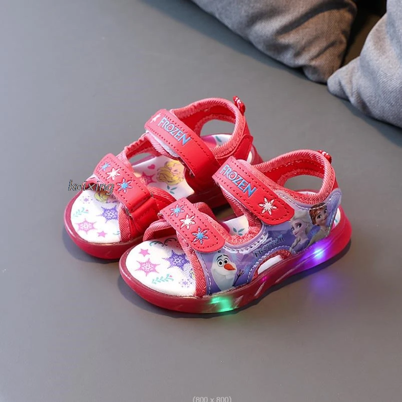 Led Light Girl Sandals Summer Shoes For Kids Baby Girls Sandals Frozen Elsa Princess Non Slip Beach Kids Flat Shoes