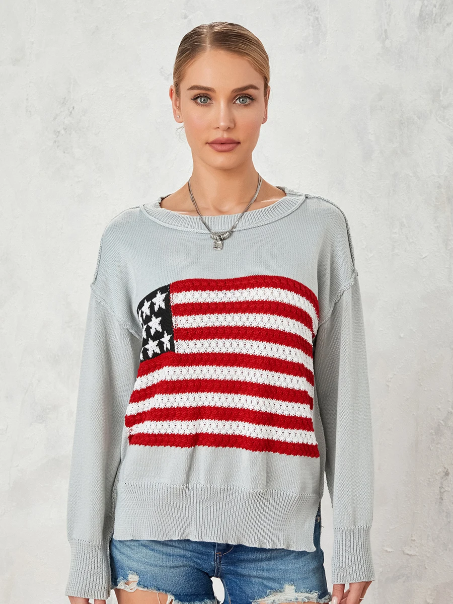 New Fashion Women Acute Autumn Winter Knit Sweater Long Sleeve Crewneck Flag Print Loose Knitwear Hot Sale S-XL