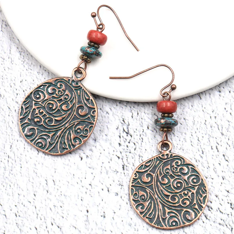 Bohemian Retro Ethnic Earrings For Women Ancient Copper Round Pendant Carving Flowers Drop Earrings Gypsy 2023 Jewelry Gift