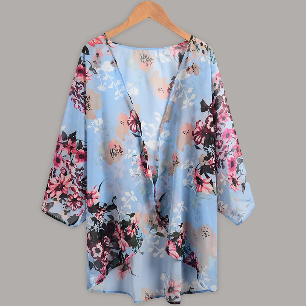 

Women's Sheer Chiffon Blouse Loose Tops Kimono Floral Print Cardigan