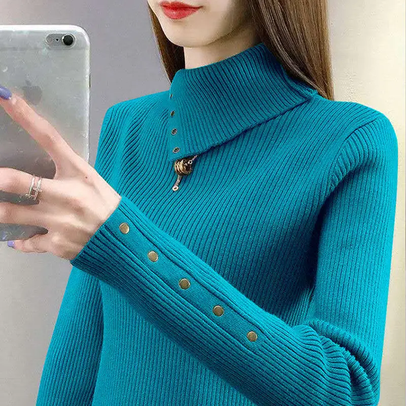 High Necked Sweater Knitted Sweater Women Slimming and Keeping Warm Base Sweater 2023 Winter New Top Women Korean All-match