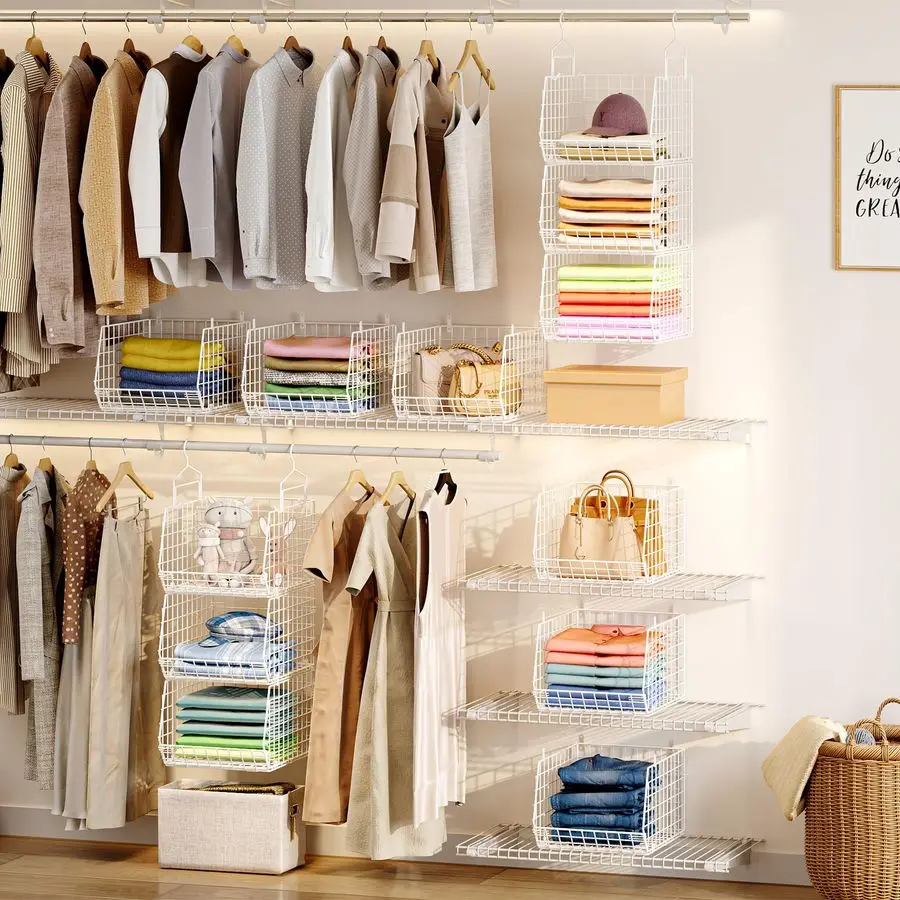 Extra Deeper Foldable Hanging Closet Organizer, Small Wire Cabinet Shelves and Storage with 5 S Hooks,4 Tier Metal Basket Bins f