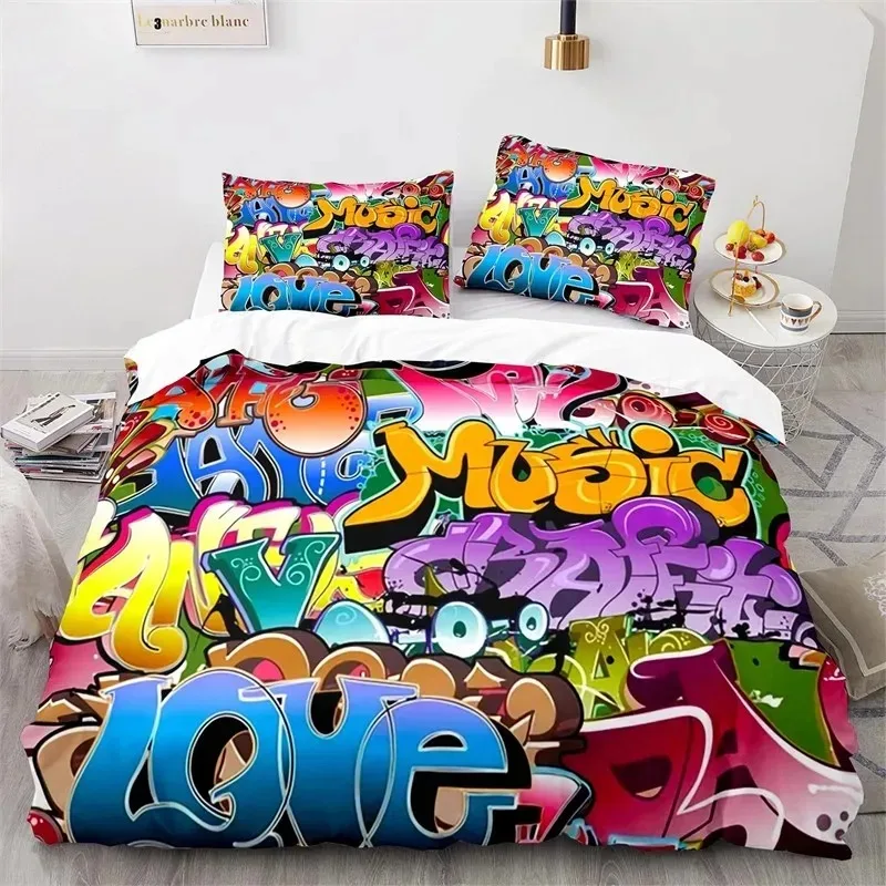 

Hippie Graffiti Duvet Cover Set King Queen Size for Kids Boys Youth Polyester Comforter Cover Modern Street Art Bedspread Cover