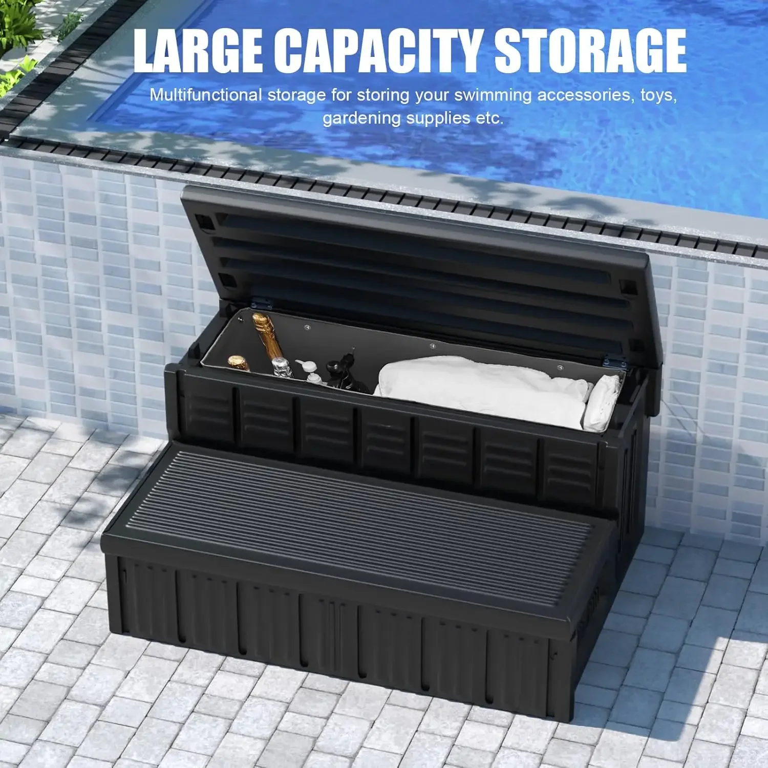 ホットタブステップ、屋外スパステップ（収納付き）、滑り止め＆頑丈なホットタブ階段、長さ36インチ、ブラック