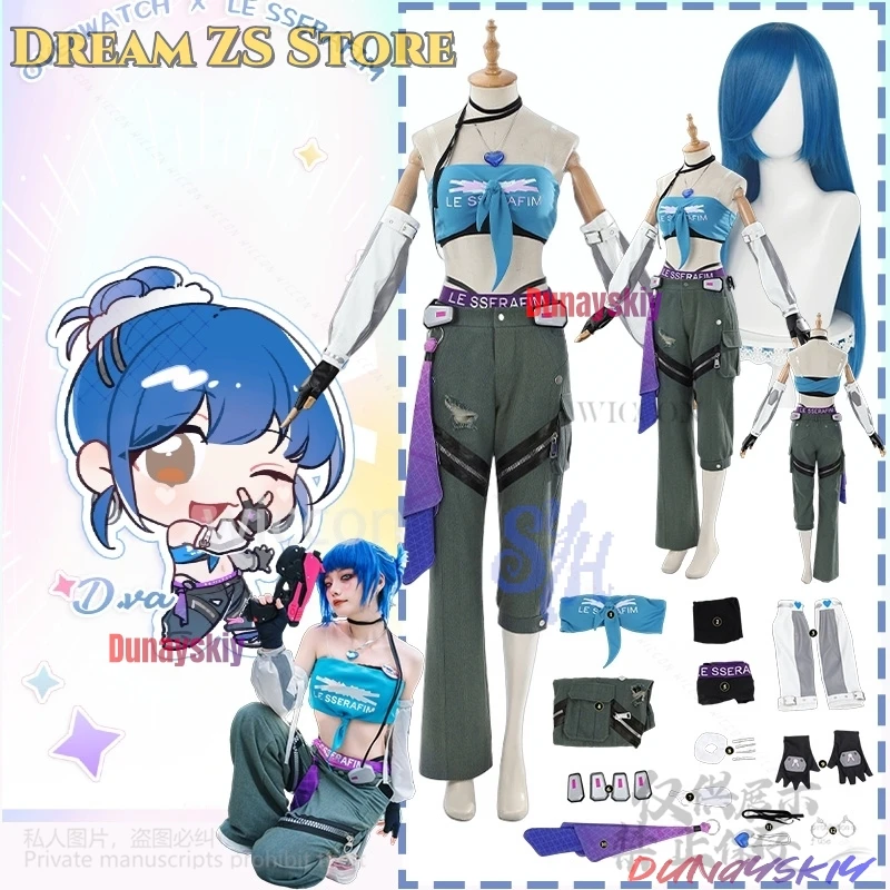 

dvaa Korea kpop girls group cosplay anime game oww costume sexy kawaii Y2K blue Sleeveless vest pants wigs Halloween customized