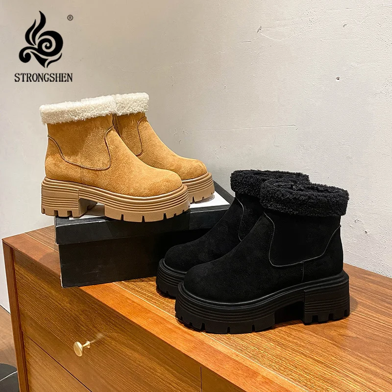 

STRONGSHEN Winter Women Snow Boots Casual Heel Plush Warm Shoes Suede Fur Chelsea Ankle Boots Platform Ladies Shoes Botas Mujer