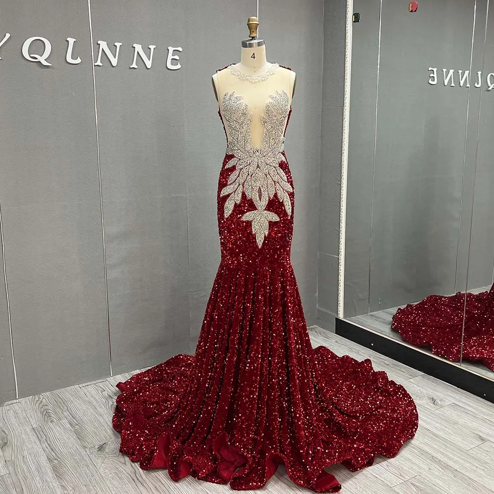 YQLNNE Luxury Red Crystals Sequined Mermaid Evening Dresses Long Formal Women Evening Gown Wedding