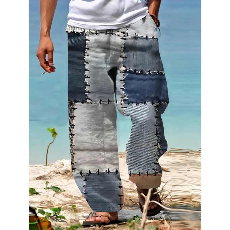 Men'S Summer Fashion Casual Pants Stretchy Men'S Long Trousers Grid stitching 3D Print Design Seamless Drawstring Waist
