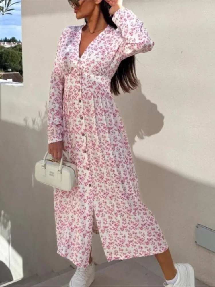

Spring Fashion Comfortable Casual V-neck Button Long-sleeved Floral Waist Dress Elegant Lady Temperament Slim Long Skirt