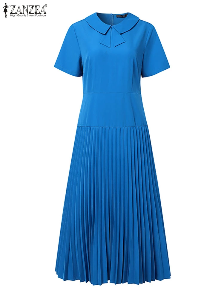 ZANZEA 2025, Mode Sommer Kleid Frauen Elegante Kurzarm Arbeit OL Vestidos Solide Plissee Kleider Stilvolle Bogen Party Sommerkleid