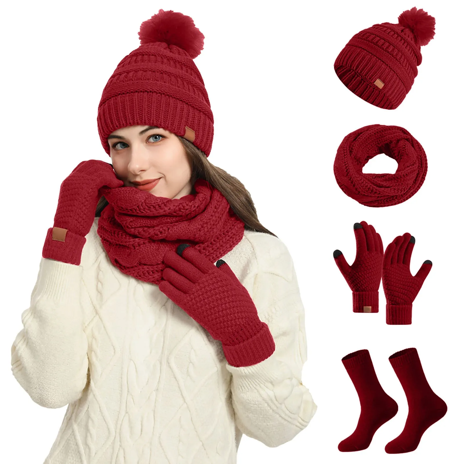 Winter Warm Cute Wool Hat Scarf Gloves Slouchy Four Pieces Set Winter Snow Knit Cap Screen Mittens Scarves Sets 2025