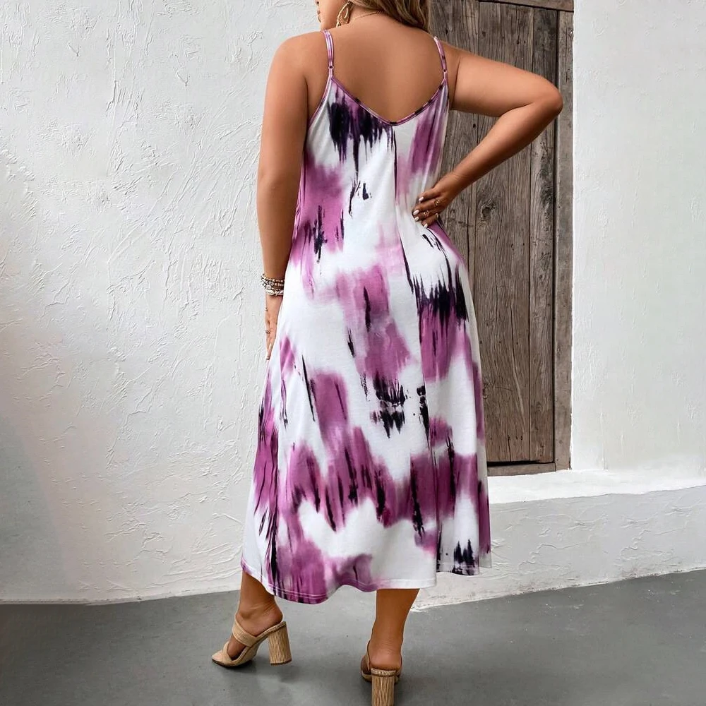 Damska sukienka na ramiączkach Spaghetti Plus Size 5XL Kolorowy nadruk Tie Dye Elegancka sukienka na ramiączkach Boho Sexy V-neck Backless Holiday