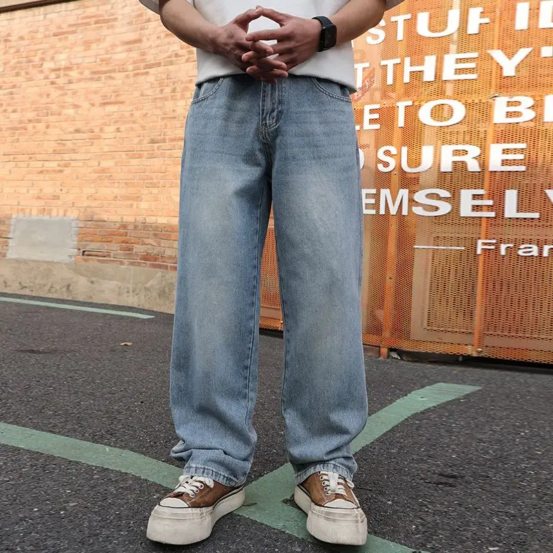 جينز بتصميم ربيعي جديد لعام 2025 مناسب بنطال ذو قصة أرجل واسعة للرجال ملابس يومية غير رسمية ذكية