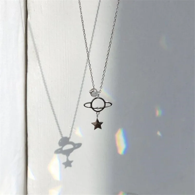 New Creative Beautiful Planet Moon And Star 925 Sterling Silver Jewelry Personality Crystal Clavicle Chain Necklaces XL107