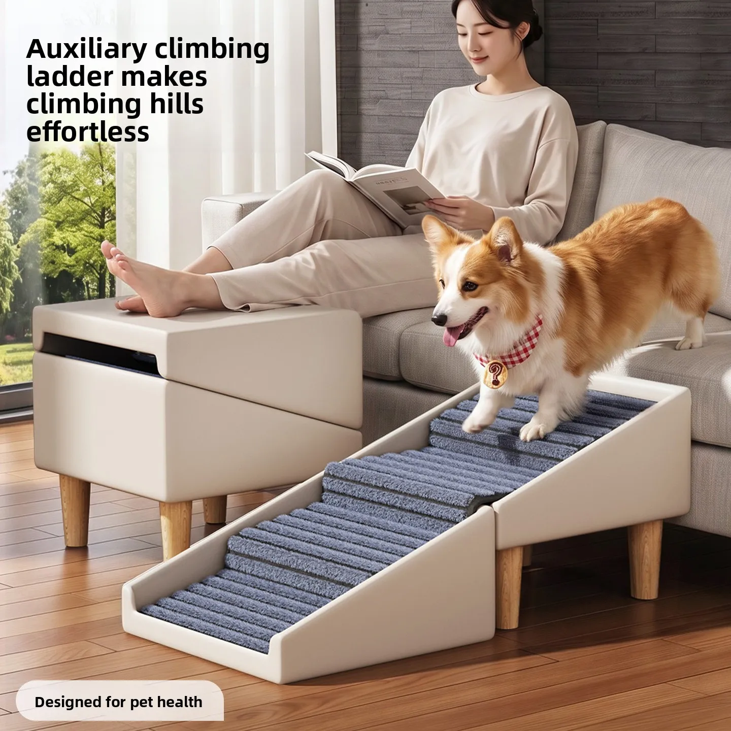 Foldable Wooden Pet Stairs Ramp Dogs Straight Step Design Khaki Brown Or Dark Gray Options Compact Single-Pack Furniture Access