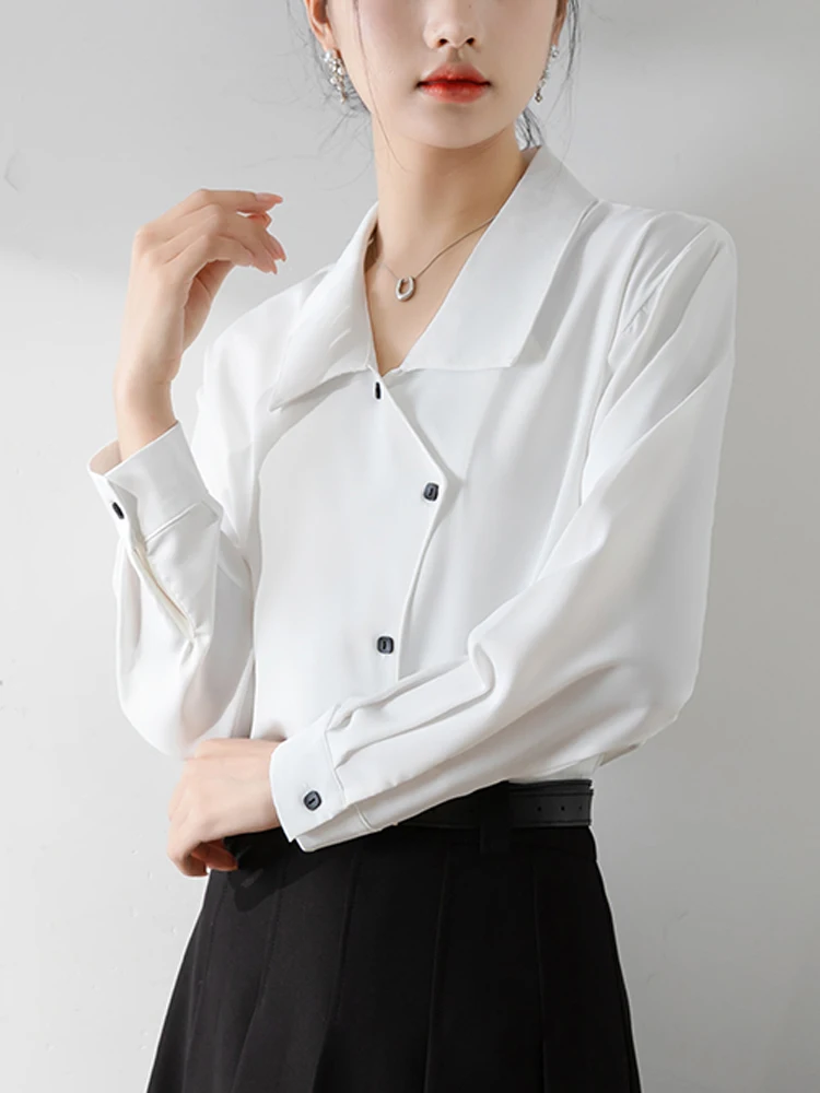 

QOERLIN New Woman Office Lady Long Sleeved OL Versatile Shirt Asymmetric Style Blouse Tops Blusas Fashion Asymmetric Button Chic