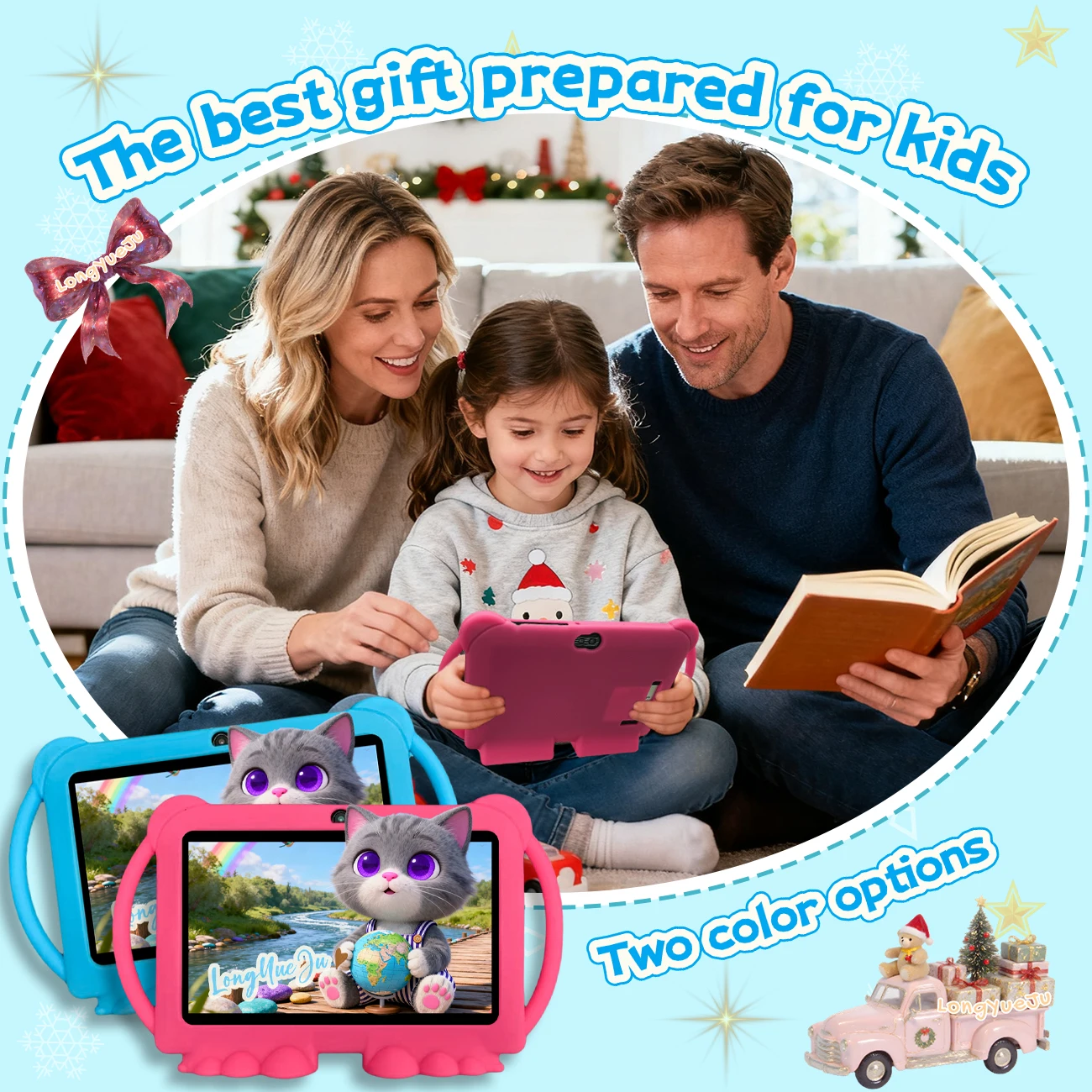 Tablet Android educativo da 7 pollici, 2 GB + 32 GB, doppia fotocamera, schermo HD, controllo parentale, custodia in silicone per cartoni animati, regalo, blu/rosa