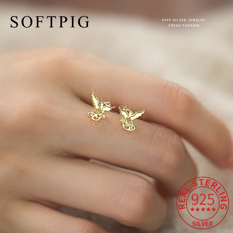 

SOFTPIG Real 925 Sterling Silver Bird 14K Gold Stud Earrings for Women Cute Fine Jewelry Light Luxury Animal Accessories