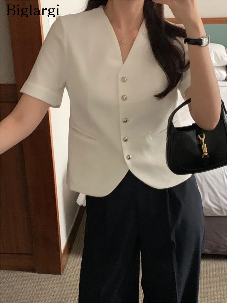 Summer Short Sleeve Blazer Suit Coats Women V-Neck Fashion Elegant Ladies Cropped Blazer Suits Korean Style Loose Woman Tops