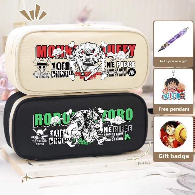 Estuche para lápices con cremallera multicapa de lona Roronoa Zoro de una pieza, caja de papelería de dibujos animados, estuche para lápices de gran capacidad, suministros escolares